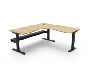 Height Adjustable Corner Desk with Cable Tray, Oak Top and Black Frame