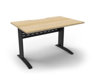 Straight desk with oak look scalloped edge top for easy wire management
